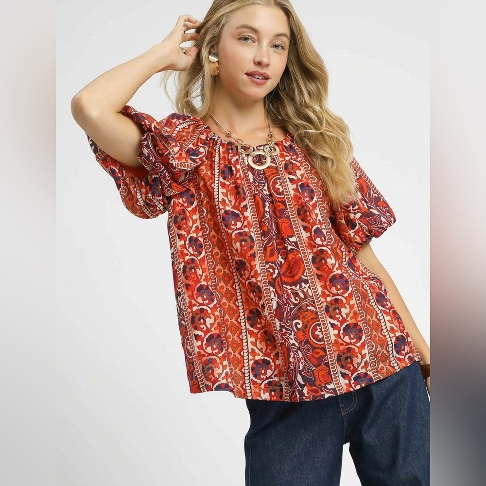 Umgee Rust Boho Paisley Puff Sleeve Oversized Blouse NWT Size S